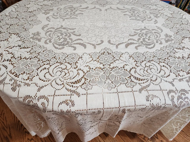 Vintage 68" x 91" ELEGANT Rectangle Lace Floral Scrolling Cream Color Tablecloth