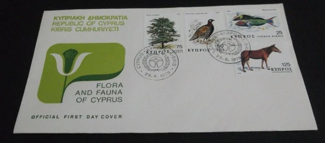 CYPRUS first day cover FDC 1979, tree bird partrich donkey mule fish, ZYPERN !!!
