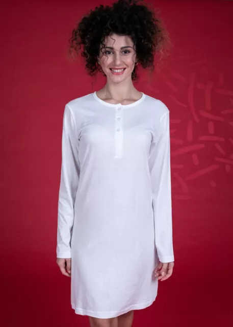 Camicia Da Notte Donna Manica Lunga Bianca Modello Serafino