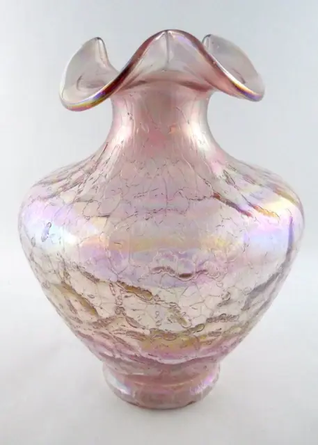 Vintage Unmarked Fenton Iridescent Pink Crackle Vase Ruffled Top 11 Inch Height