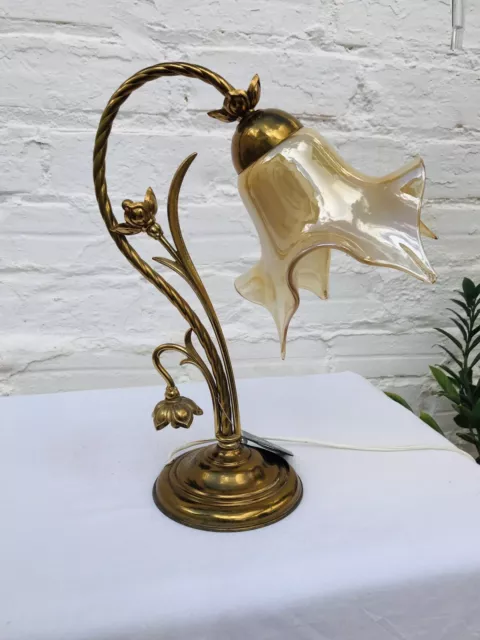 PAIR SET Vintage Table Lamp, Brass, Gold Glass Shade Floral NEW OLD Stock, Sirpe