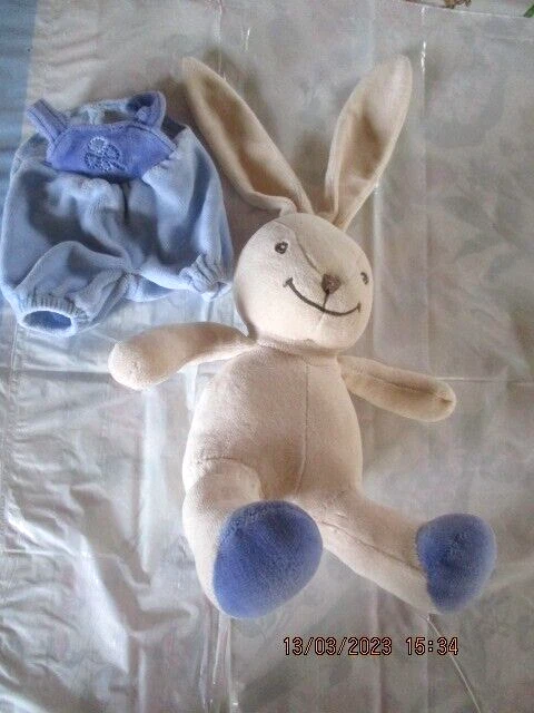 Doudou Peluche Lapin Bleu écru---hochet --- NOUNOURS --Salopette Fleurs Brodées