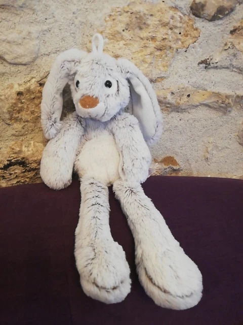 Doudou Peluche Roda Rodadou Lapin Long Poil Gris Chiné Marron Blanc Grande jambe