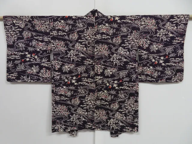 0921i04z520 Vintage Japanese Kimono Silk HAORI Dark purple Scenery