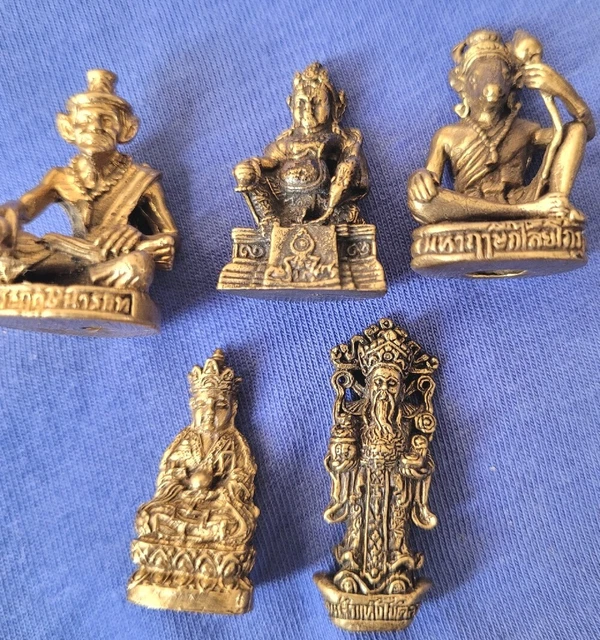 5 Thai Buddhist amulets Tiny Brass statues  Buddha Nomad Hermit Ox Face Gods