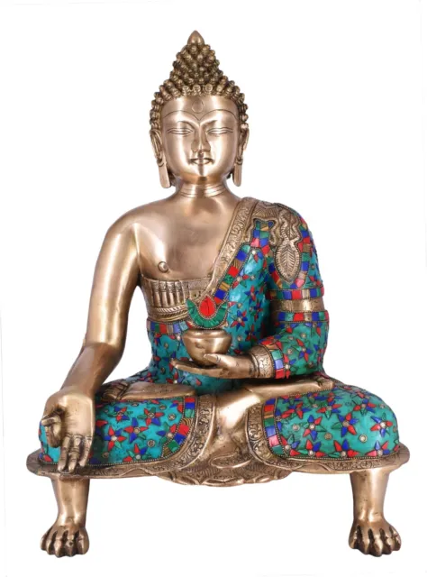 Whitewhale Large Medicine Buddha Brass Statue - Blue Stone Buddhism Idol Decor