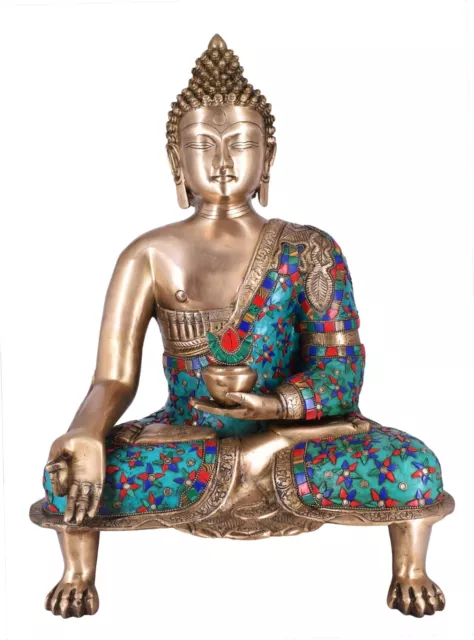 Whitewhale Large Medicine Buddha Brass Statue - Blue Stone Buddhism Idol Decor