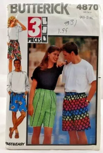 1990 Butterick Sewing Pattern 4870 Mens Womens Unisex Shorts Sz 24-38 Waist 7625