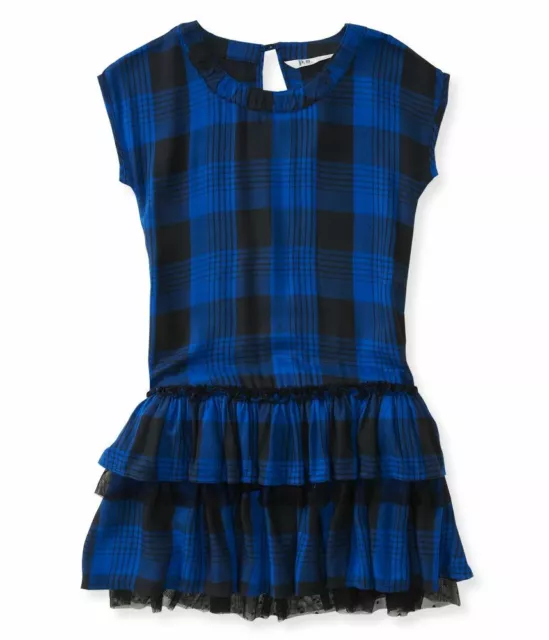 PS Aeropostale Girls Plaid Drop-Waist Tiered Ruffled Dress Blue Black  Sz 10 NWT