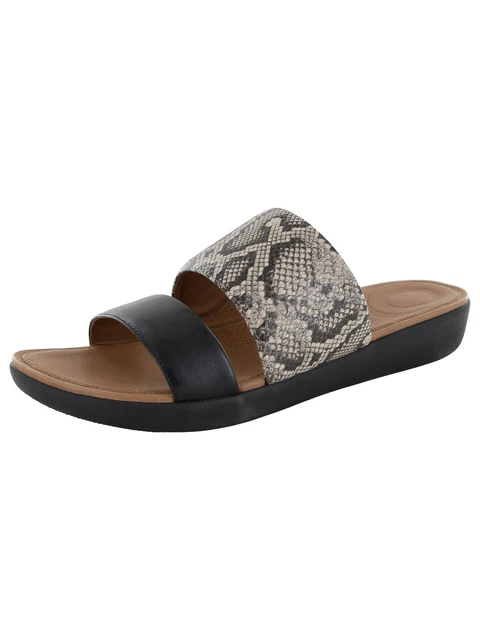 Fitflop Womens Delta Slide Leather Snake Print Sandal, Taupe Snake/Black, US 5