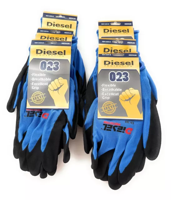 12 Pair DIESEL Blue Safety Gloves Latex Coated Grip Cut Resistant