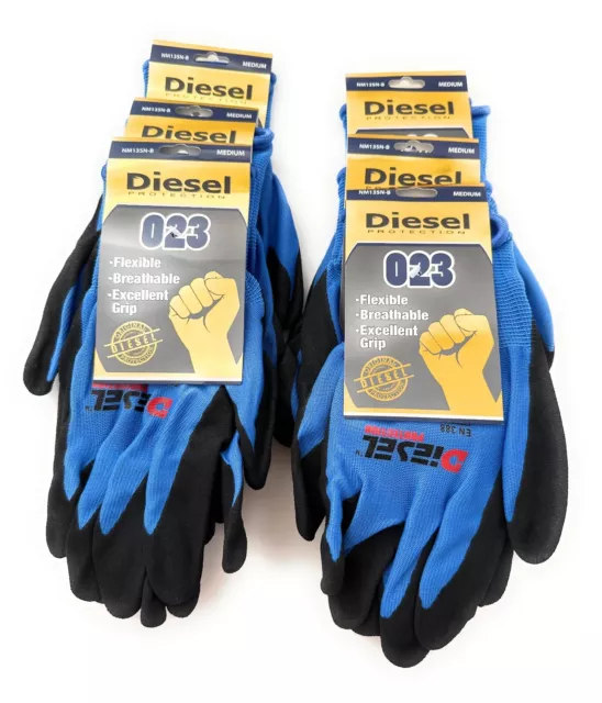 6 Pair DIESEL Blue Safety Gloves Latex Coated Grip Cut Resistant
