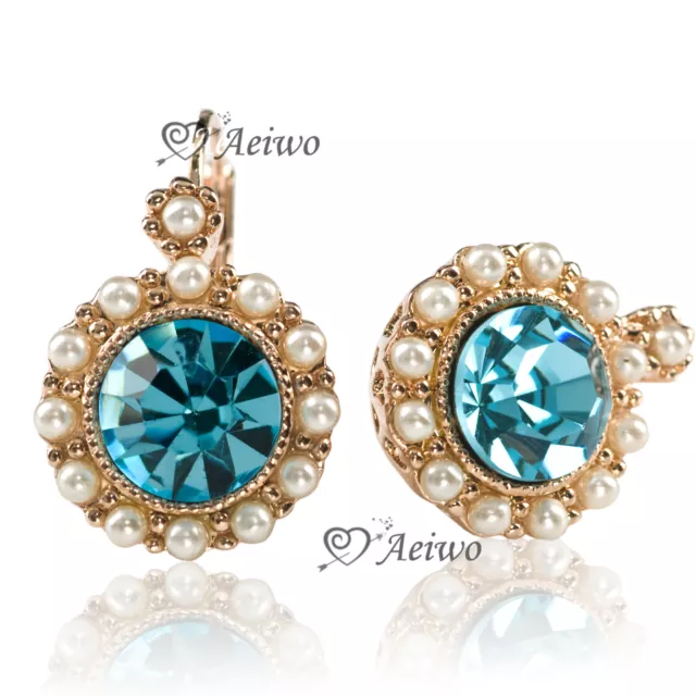 Lever Back Earrings 9K  Pink Gold Made With Swarovski Crystal Blue 8Mm 2Ct Pearl