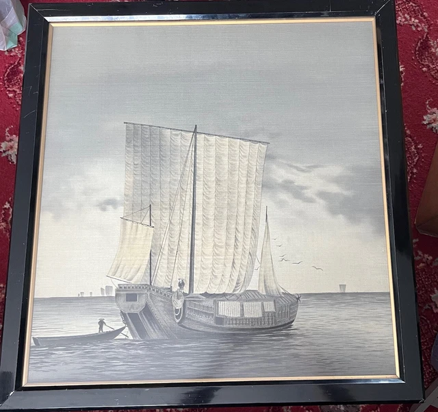 Large Ebony Framed Oriental/Chinese Silk Art Painting Of Junk Boat/Ship 66x70cm
