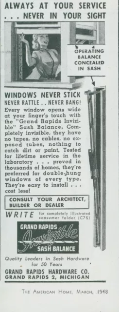 1948 Grand Rapids Invisible Sash Balance Windows Never Stick Vtg Print Ad AH1