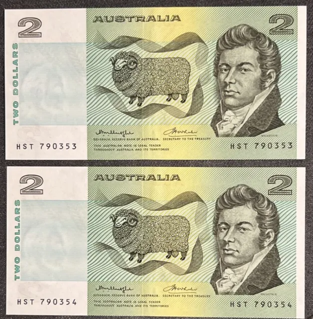 1976 AUSTRALIA CONSEC PAIR OF $2 DOLLARS UNC BANKNOTES KNIGHT/WHEELER R86b