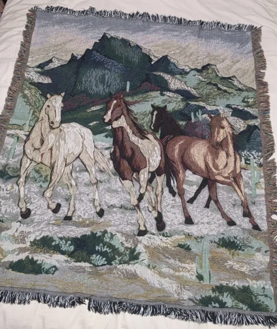 52" X 44" Wild Horses And Mountain Tapestry Throw Blanket, With Fringe