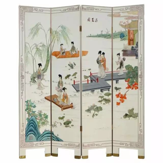 Rare & Collectable Antique Chinese Export Hardstone Folding Screen Room Divider