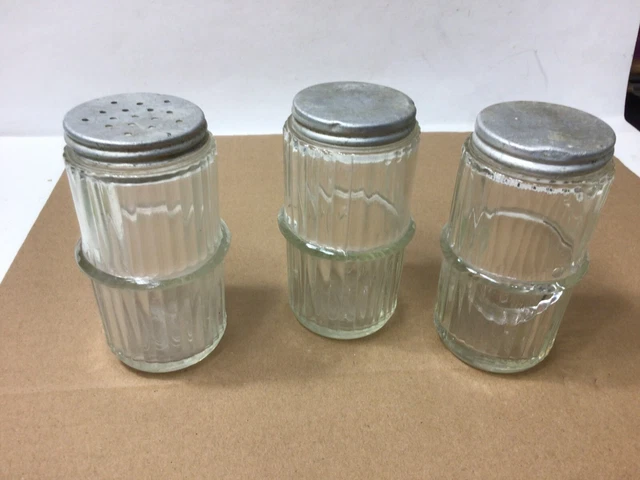 3 Ribbed Hoosier Style Kitchen Cabinet Glass Spice Jars w/Lids