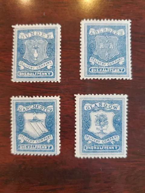 4 One Half Penny Delivery Company Stamps, Dundee,Aberdeen,Manchester,Glasgow MNG