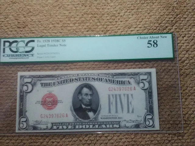 1928 Series C $5 Five Dollar Banknote, Very Nice, Red Seal, Can, Pcgs 58