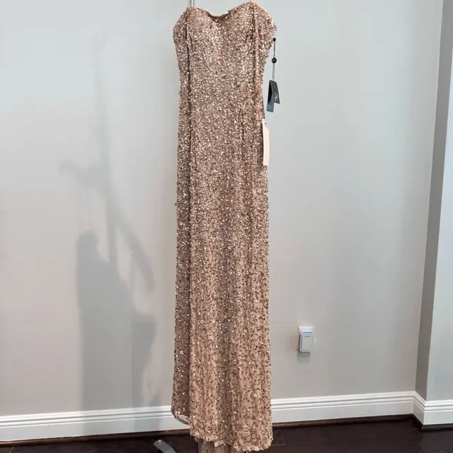 Adrianna Papell Women's Champagne Gold Sequin Beaded Strapless Dress Size 4 NWT