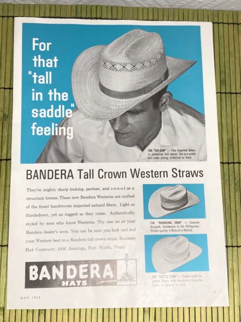 1964 Bandera Hats Branding Iron Cattle King Six Gun Print Ad Mens Hats