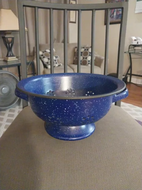 Vintage Enamelware Strainer Colander Blue Speckled Enamel 10"