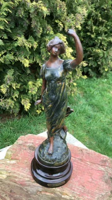 Antique Bronze Metal French Charmeuse Lady on Wooden Stand (C1)