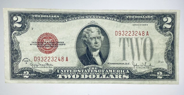 1928 G Two Dollar $2 Bill Red Seal United States Note CIRCULATED
