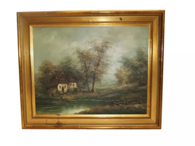 Tableau peinture sur toile  à l huile J Evans cadre doré paysage