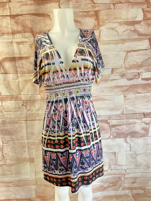 Womens Tunic dress size M Boho Multi Floral Stretch Short Sleeve EUC