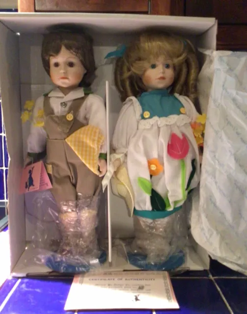 MYD Marian Yu Designs- Twin Dolls With Stands 16” Tall-Porcelain-Limited Edition