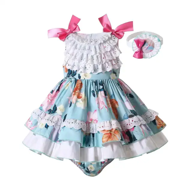 Baby Girls Lace Ruffle Dress con Headwear Pantaloni Stampa floreale Outfits 6-24 Mese