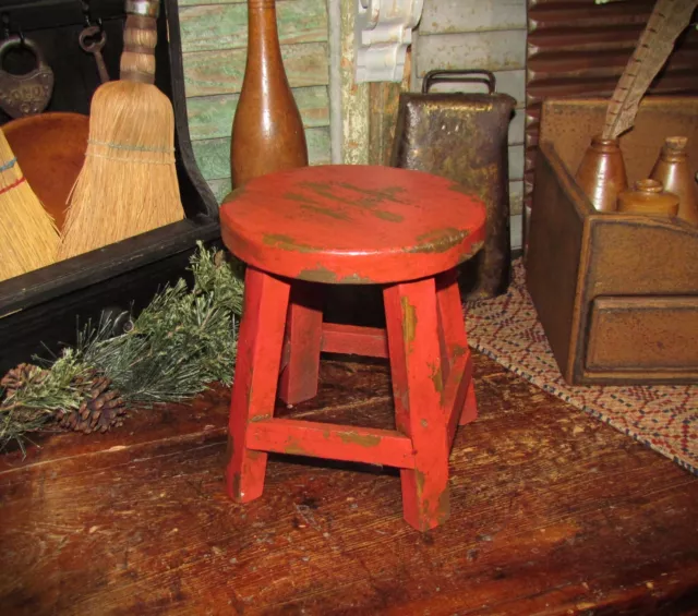 Prim Vtg Style Handmade Red Wood Farmhouse Milking Stool Bench Plant Table Stand