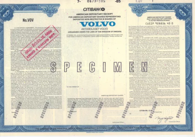 Volvo Aktiebolaget - ADR USA / Schweden - Specimen  1985