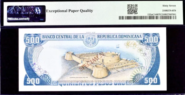 Dominican Republic 500 Pesos Oro Pick# 123aCS4 1978 PMG 67 EPQ SG Unc Banknote 2