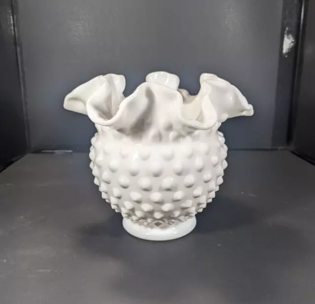 Fenton White Milk Glass Hobnail 4 1/2" Rose Bowl Vase Ruffled Crimped Edge