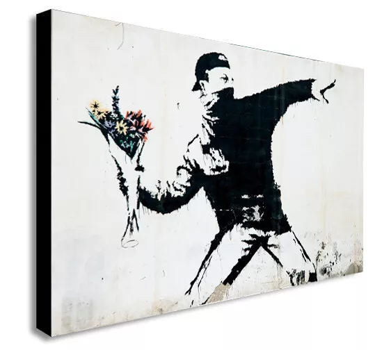 BANKSY FLOWER THROWER Canvas Wall Art Framed Print. Various Sizes