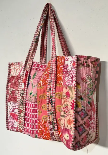 Patchwork Peach Cotton Handbags Vintage Reversible Purse Large Tote Hobo Bags AU