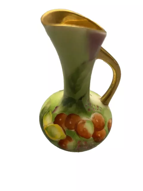 Mini Vase Pitcher Ucagco Japan Hand Painted Fruit Floral Design Green Gold VTG