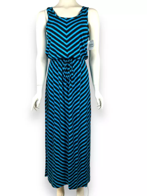 Caslon Maxi Dress Women's Small Petite Blue Black Chevron Stripe Drawstring 3