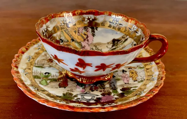 Antique Japanese Kutani Porcelain Cup and saucer Signed Meiji