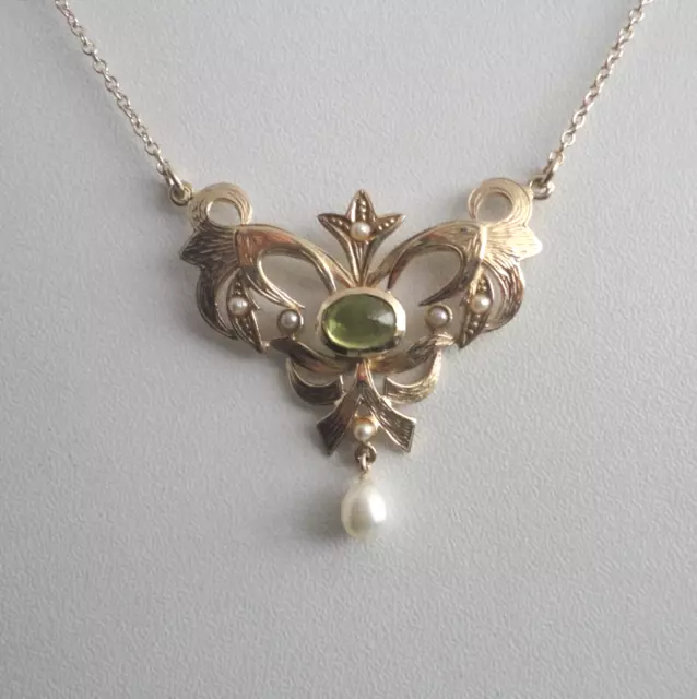 Peridot Schmuck Collier Perle Jugendstil Retro Vintage Silber 925/- vergoldet