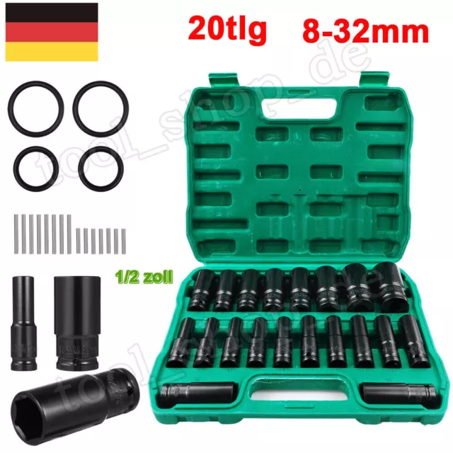 20tlg 1/2" Schlagschrauber Nüsse Set 8-32 MM Sechskant Kraft Steckschlüssel Nuss