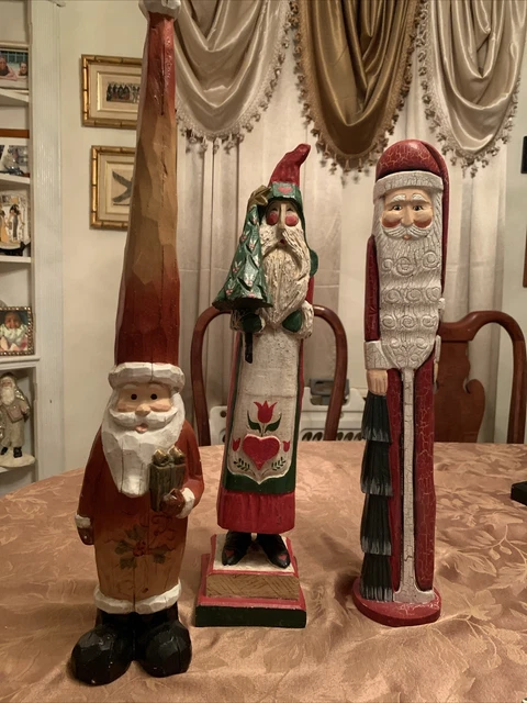 3-Hand Carved Wood, 20”, Santa Claus’. Carved/Painted VTG-Christmas Folk Art.