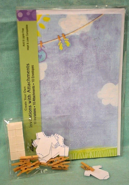 Baby Shower Announcement KIT Girl BOY BLUE 10 Invitations Envelopes Clothesline