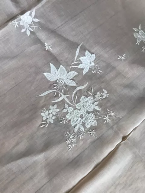 Vintage Organza Madeira Linen Tablecloth Applique Embroidery 102 x 62” flowers