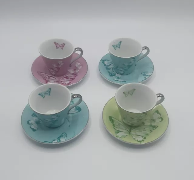 Lot de 4 tasses à Café Et Soucoupes geneviève lethu Papillon Rose Bleu Vert