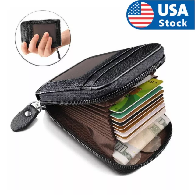 Men Genuine Leather Wallet Credit Card Holder RFID Blocking Zipper Pocket Thin